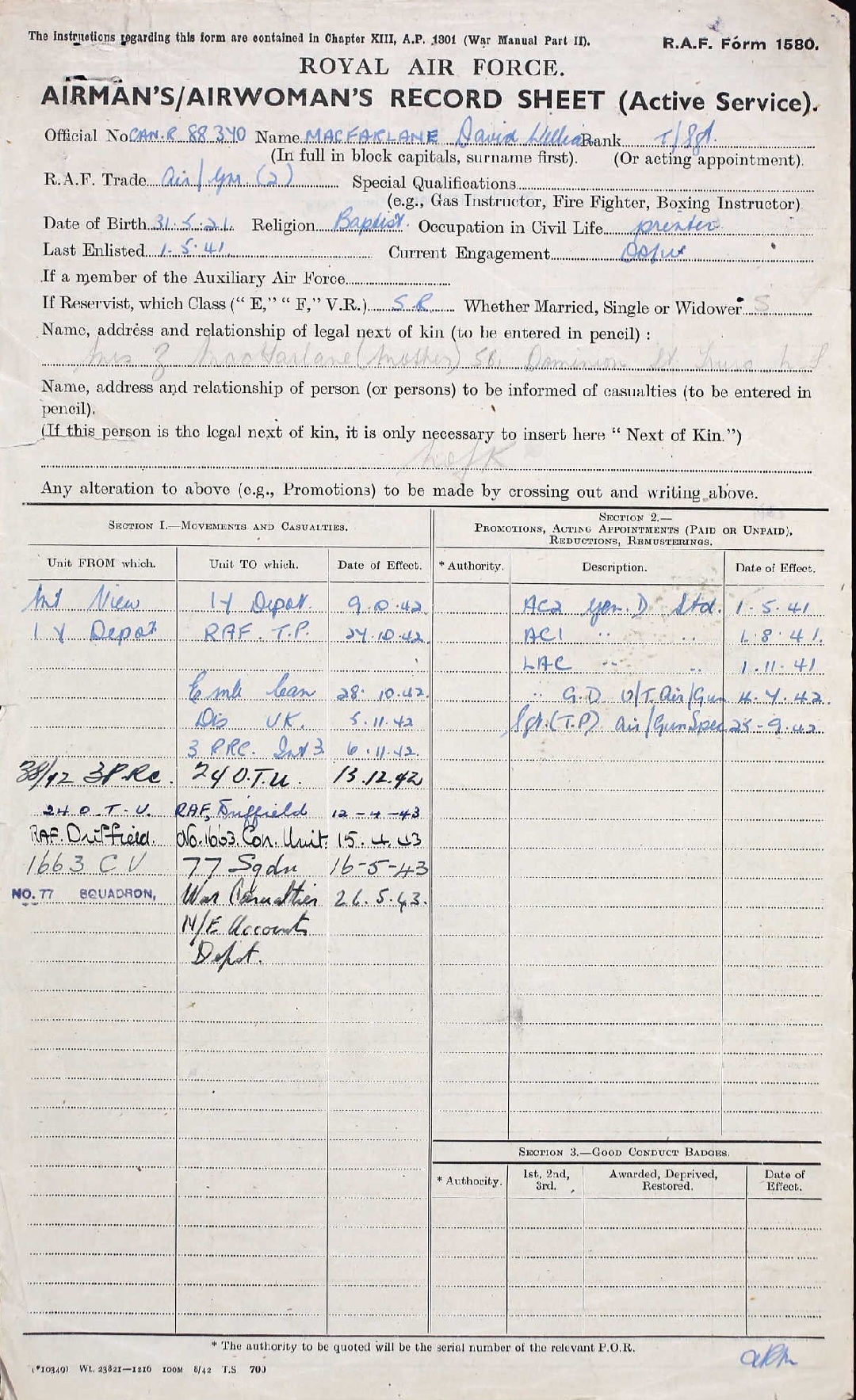 David MacFarlane Record Sheet